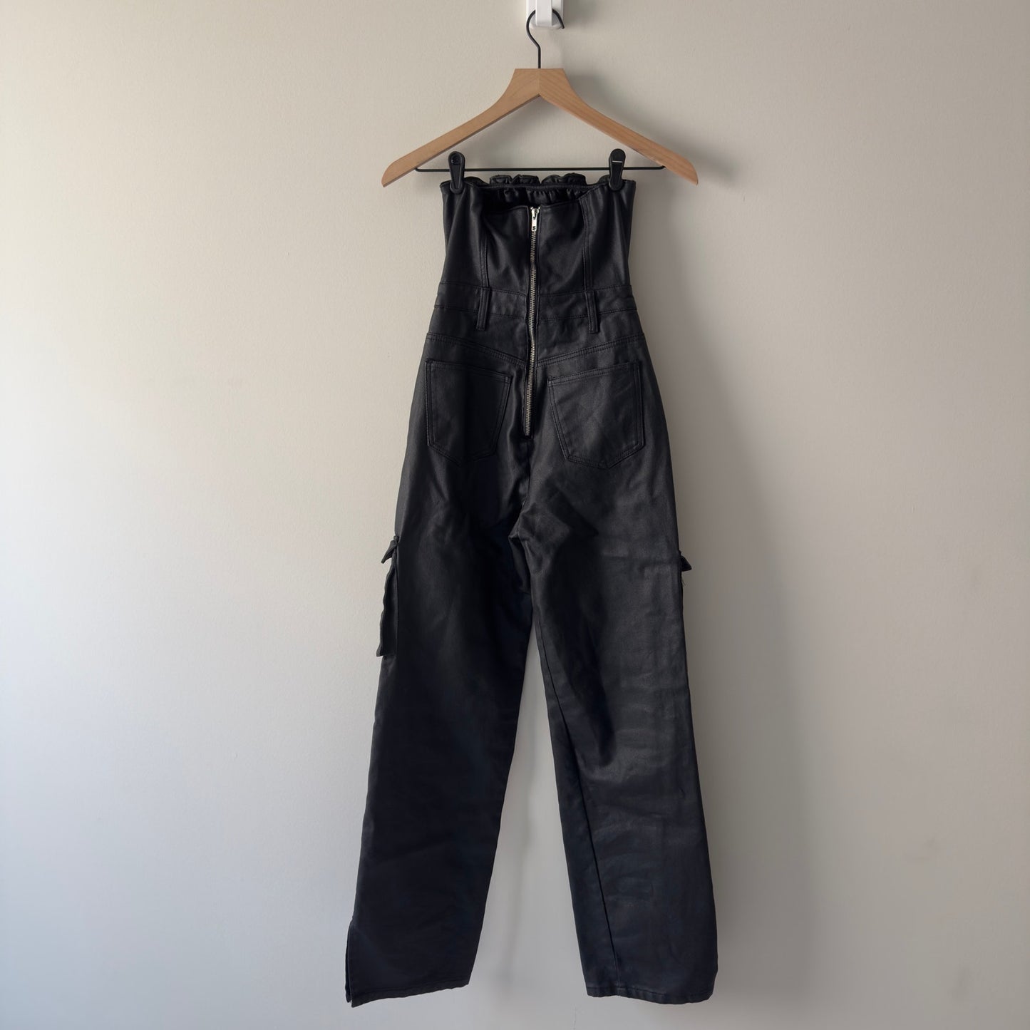 PrettyLittleThing Black Cargo Pocket Bandeau Denim Faux Leather Jumpsuit Pockets