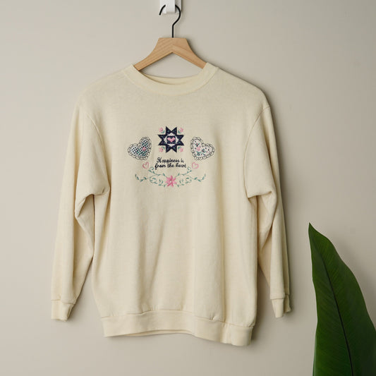 Vintge Chic 100% Natural Woman "Happiness is from the heart" Embroidered Crew L