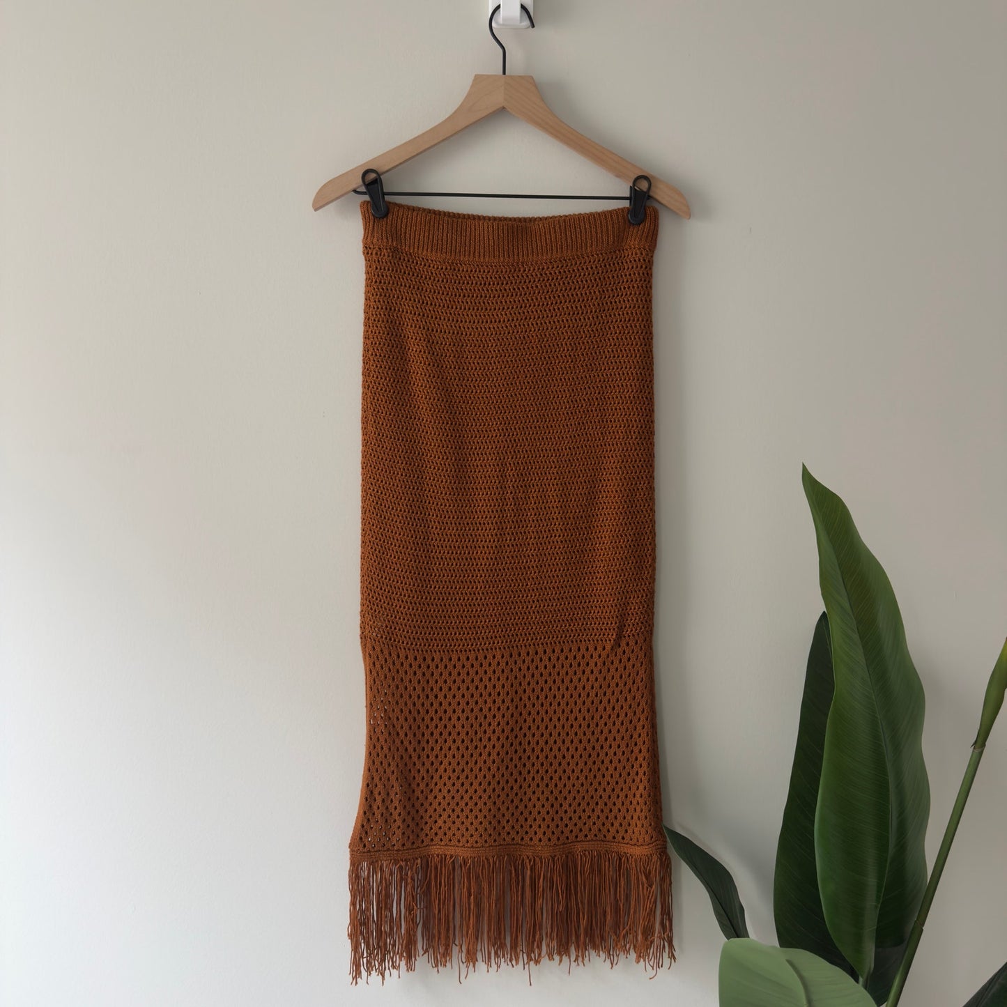 House of Harlow 1960 Revolve Fringe Hem Midi Skirt Elastic waist open knit slit