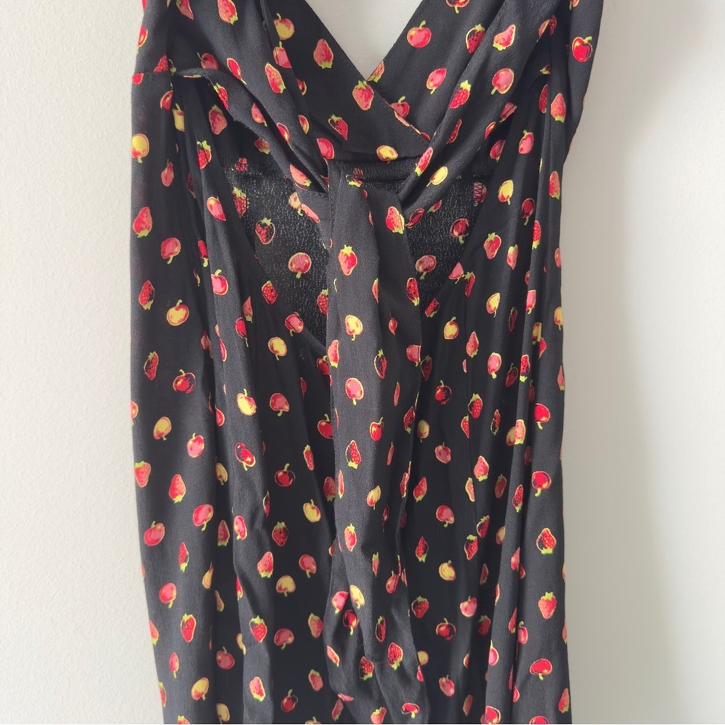 Kimchi Blue Urban Outfitters Fruit Print Black Red Strappy Dress Deep B-Neck EUC