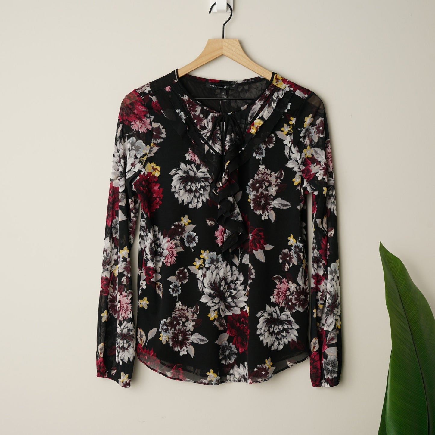White House Black Market Long Sleeve Mesh Ruffle Top in Dark Berry with Ecru NWT