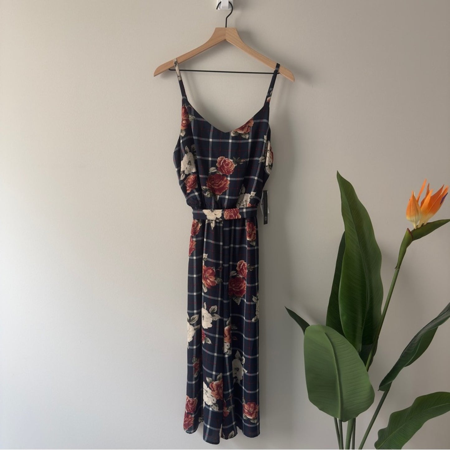 Buckle As U Wish Navy Floral Checkered Jumpsuit Tie Waist Cropped Spaghetti Blue