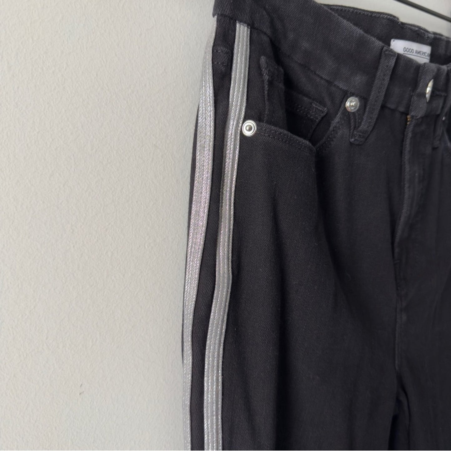 Good American Good Legs Black Skinny Jeans silver sparkle Side Stripes stretch 6