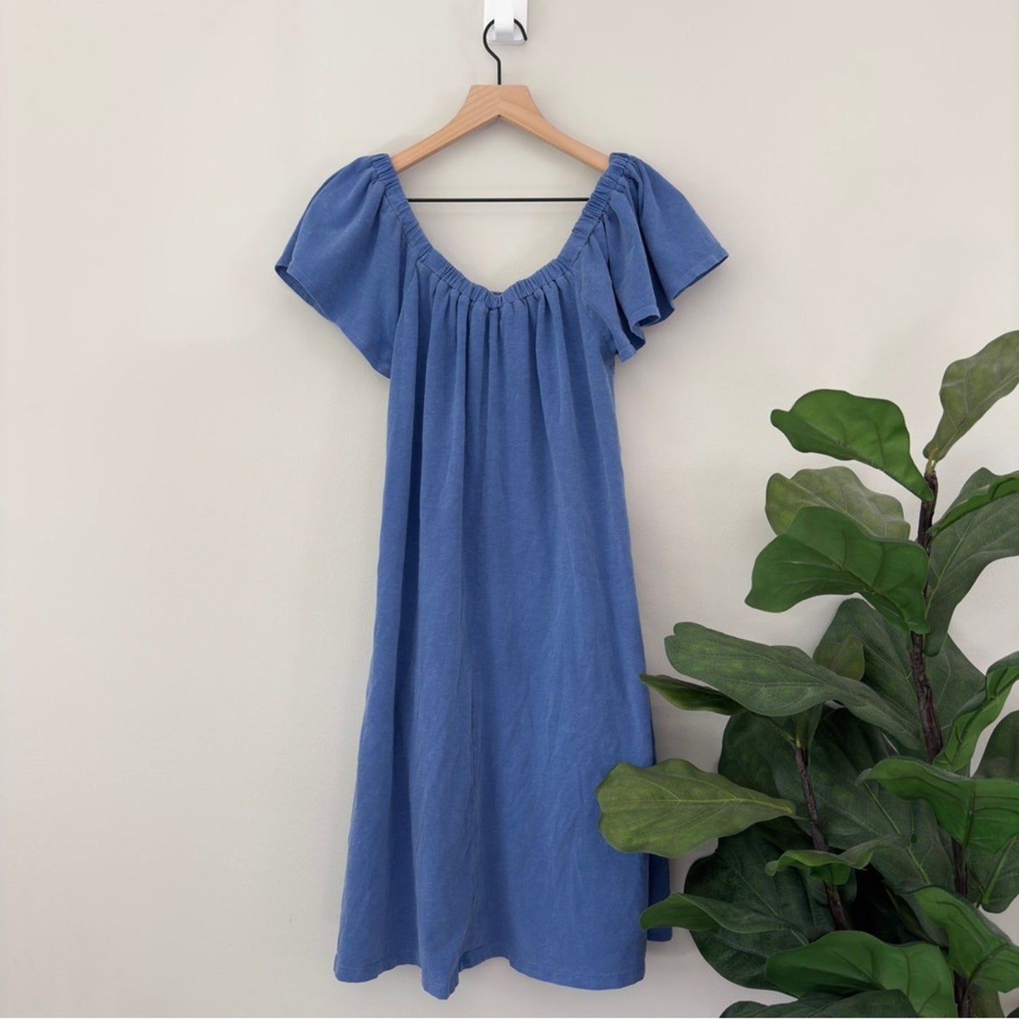 Sundry Mini Trapeze Dress Blue Square Neck Flutter Sleeve Sundress Cotton Summer