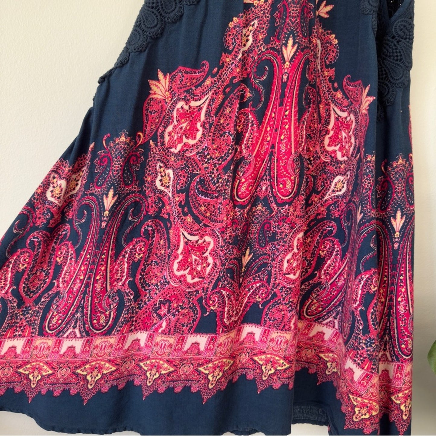 Free People Intimately Boho Paisley Pattern Spaghetti Strap Dress Button Up Lace