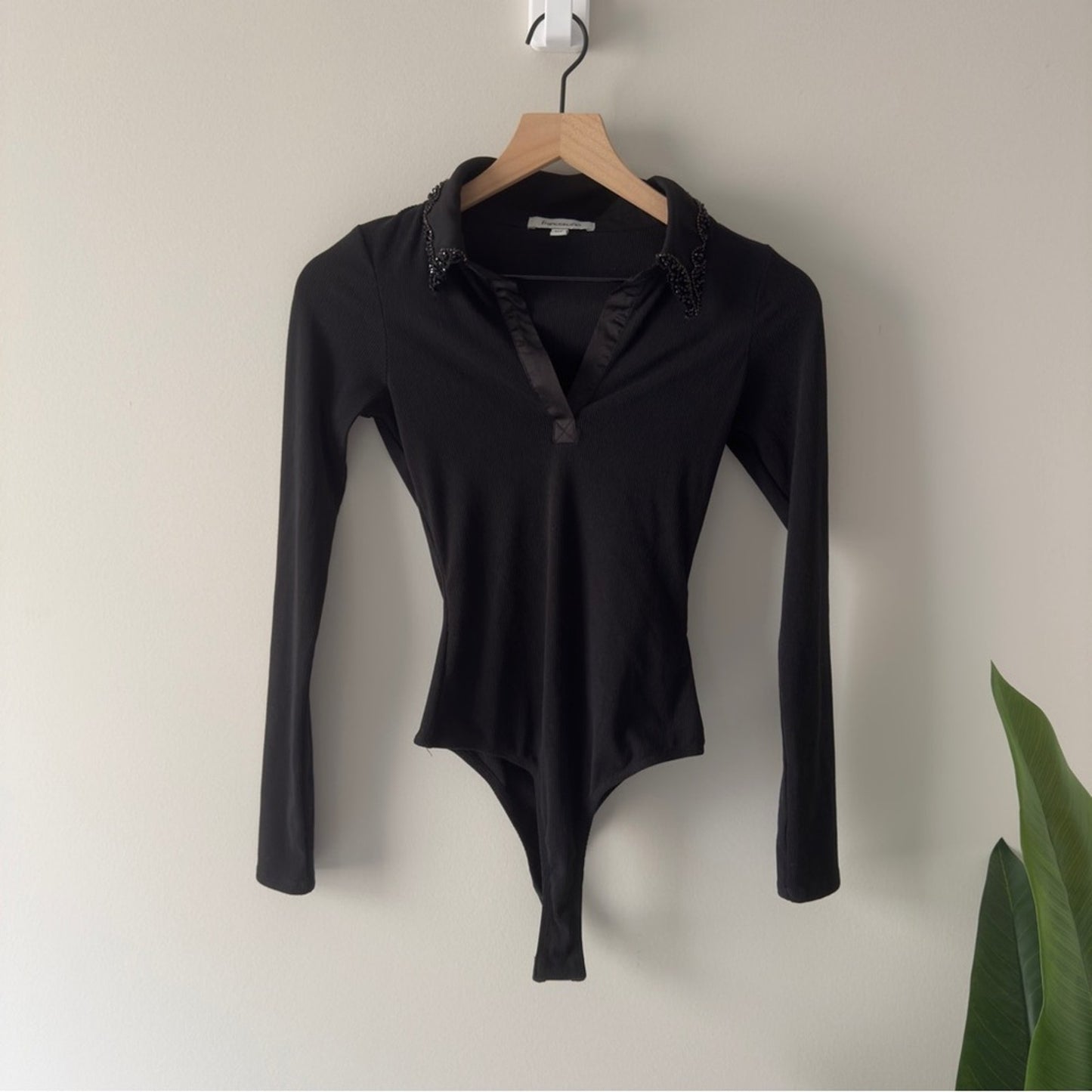 Francesca's Black Beaded Embellished Collar Bodysuit Long Sleeve Collared Ribbed