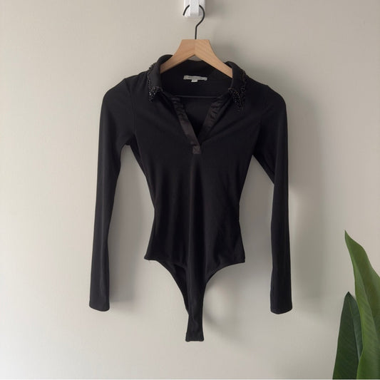 Francesca's Black Beaded Embellished Collar Bodysuit Long Sleeve Collared Ribbed