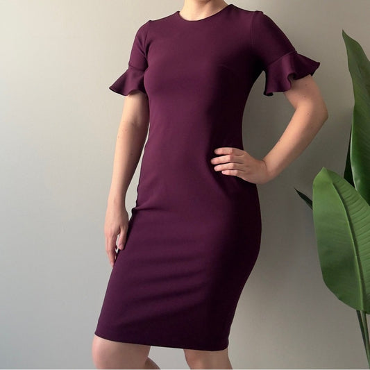 Calvin Klein Elegant Purple Ruffle Short Sleeve Dress Zip Up Zipper Back Pencil