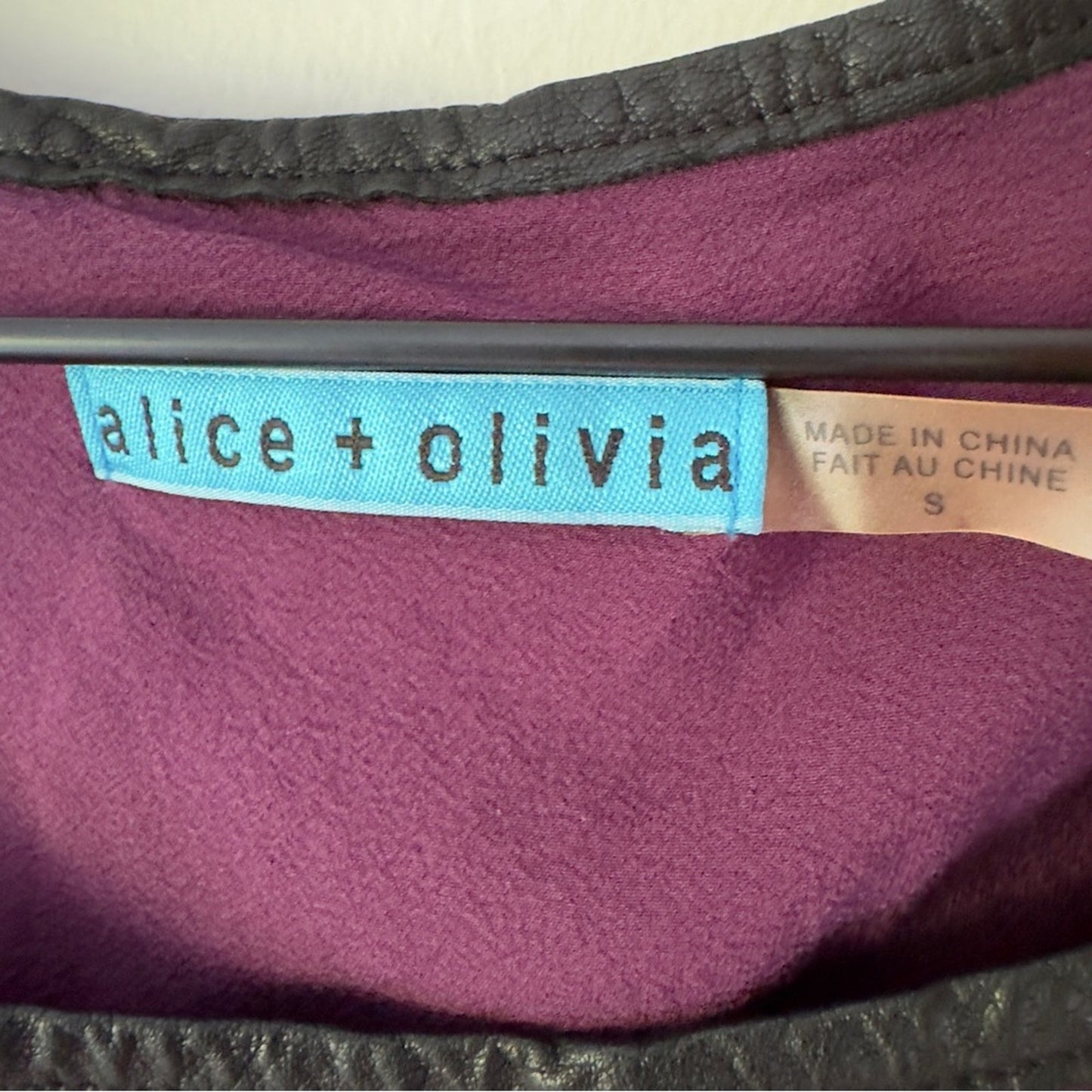 Alice + Olivia Silk Blend Mini Dress Purple Black Leather Roll Tab Short Sleeves
