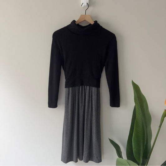 Anthropologie Moth Turtleneck Black Gray Ribbed Knit Dress Tie Waist long sleeve