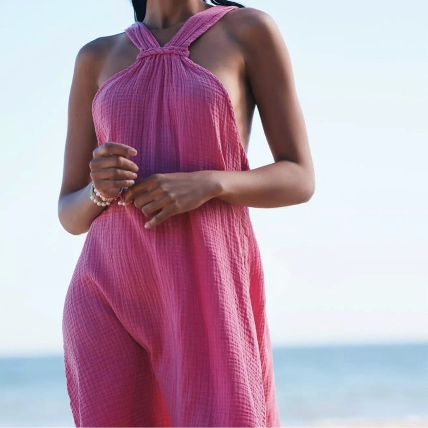 Anthropologie Pink gauze fabric braided strap mini dress halter 100% cotton NWT