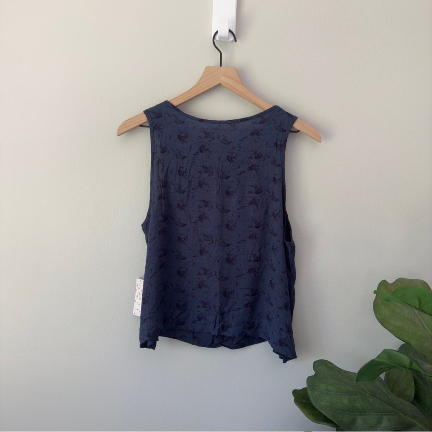 Free People Indigo Combo Tank Top Floral Print Cutout Sleeveless Crinkle Cut Out