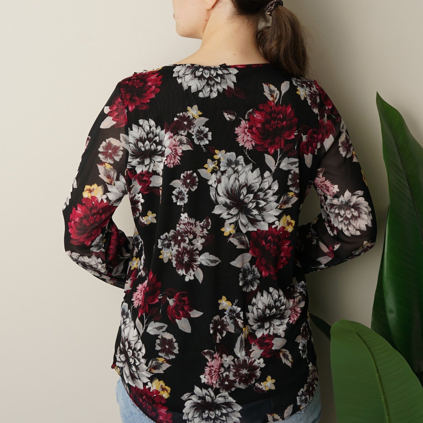 White House Black Market Long Sleeve Mesh Ruffle Top in Dark Berry with Ecru NWT