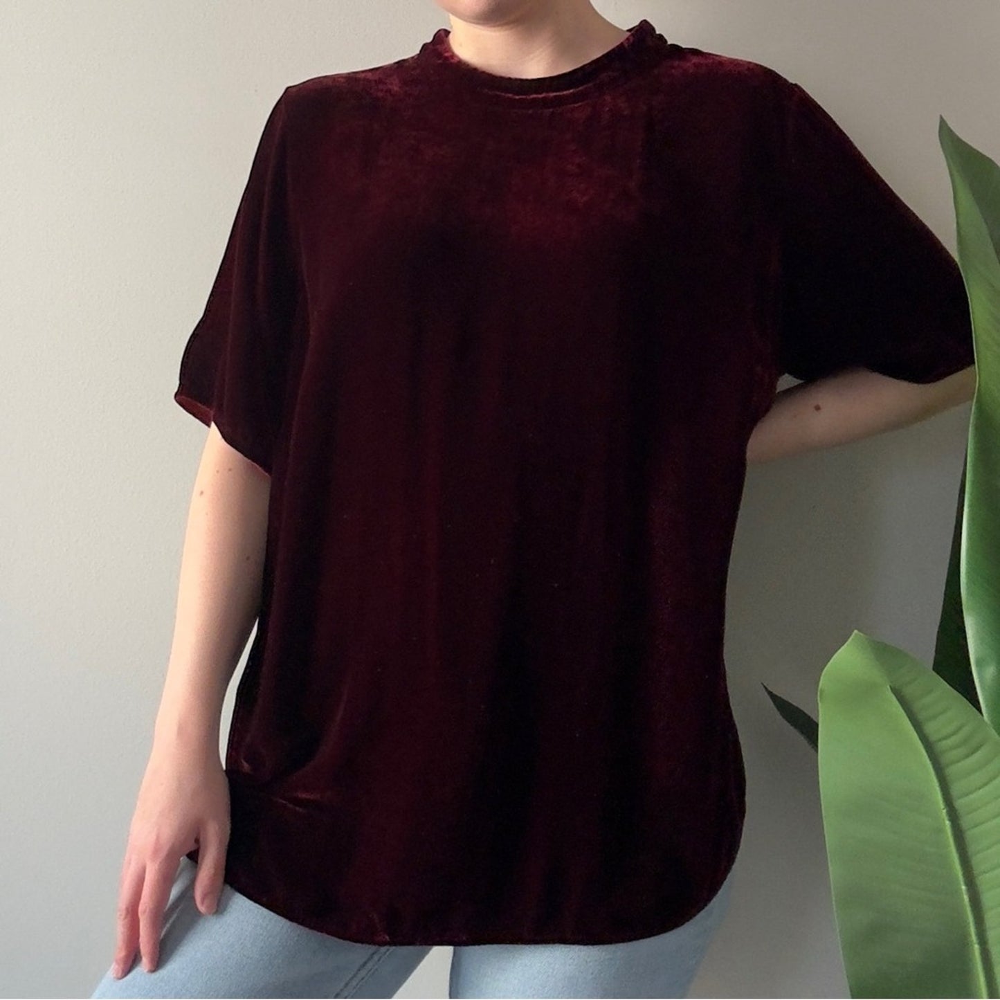 Eileen Fisher Burgundy Red Velvet Short Sleeve Top Holiday Christmas Button Soft