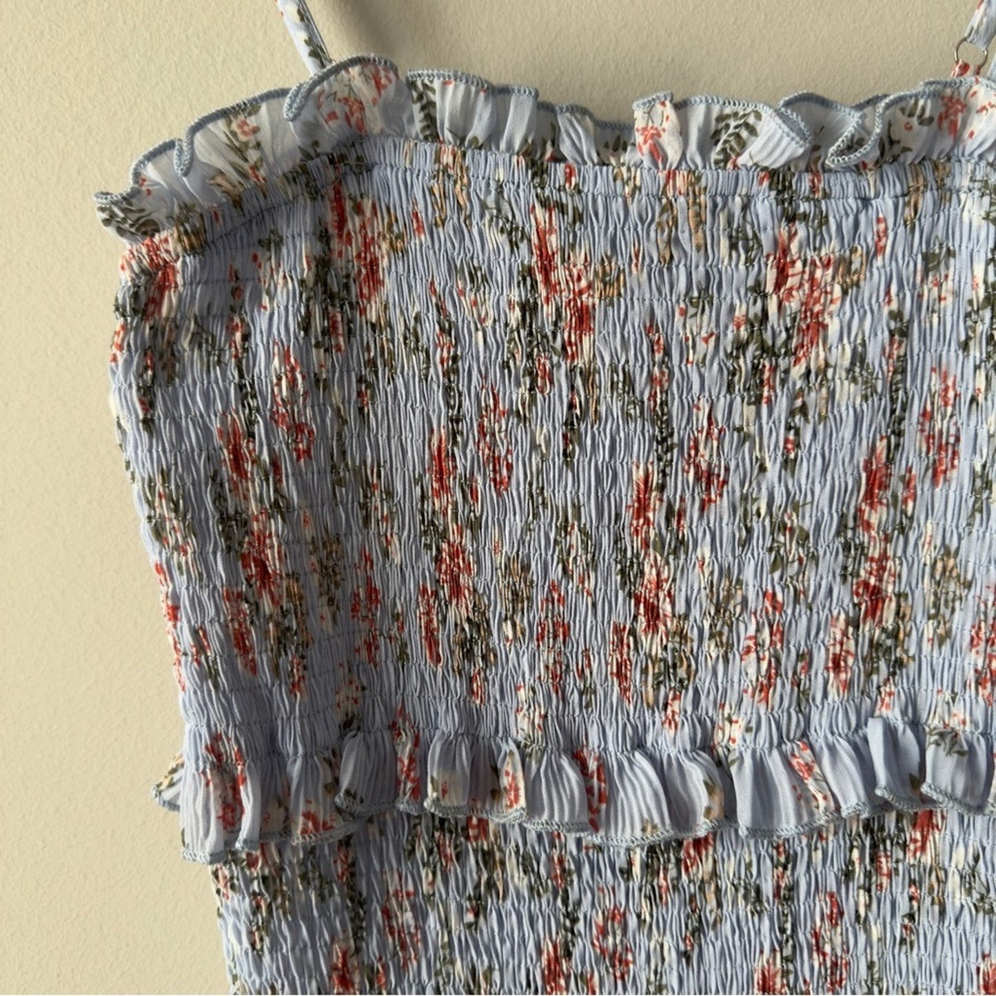 Anthropologie Mable Asher Smocked Midi Dress Blue Floral Ruffle Tiered Bodycon M