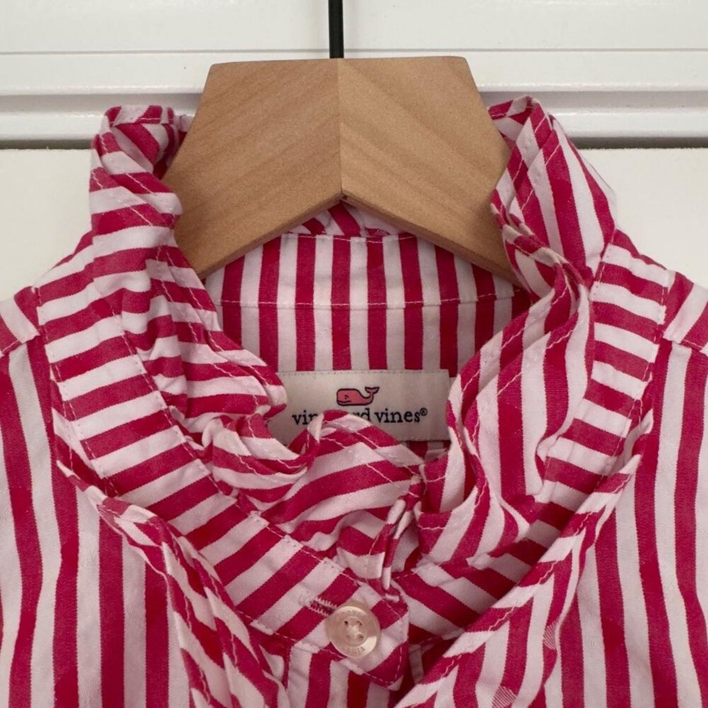 Vineyard Vines 100% Cotton Striped Ruffle Neck Button Down Top Long Sleeve 4