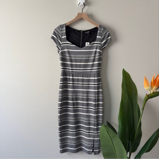 Express Gray and White striped Sheath Midi Dress V-Neck Cap Sleeves zip up slit