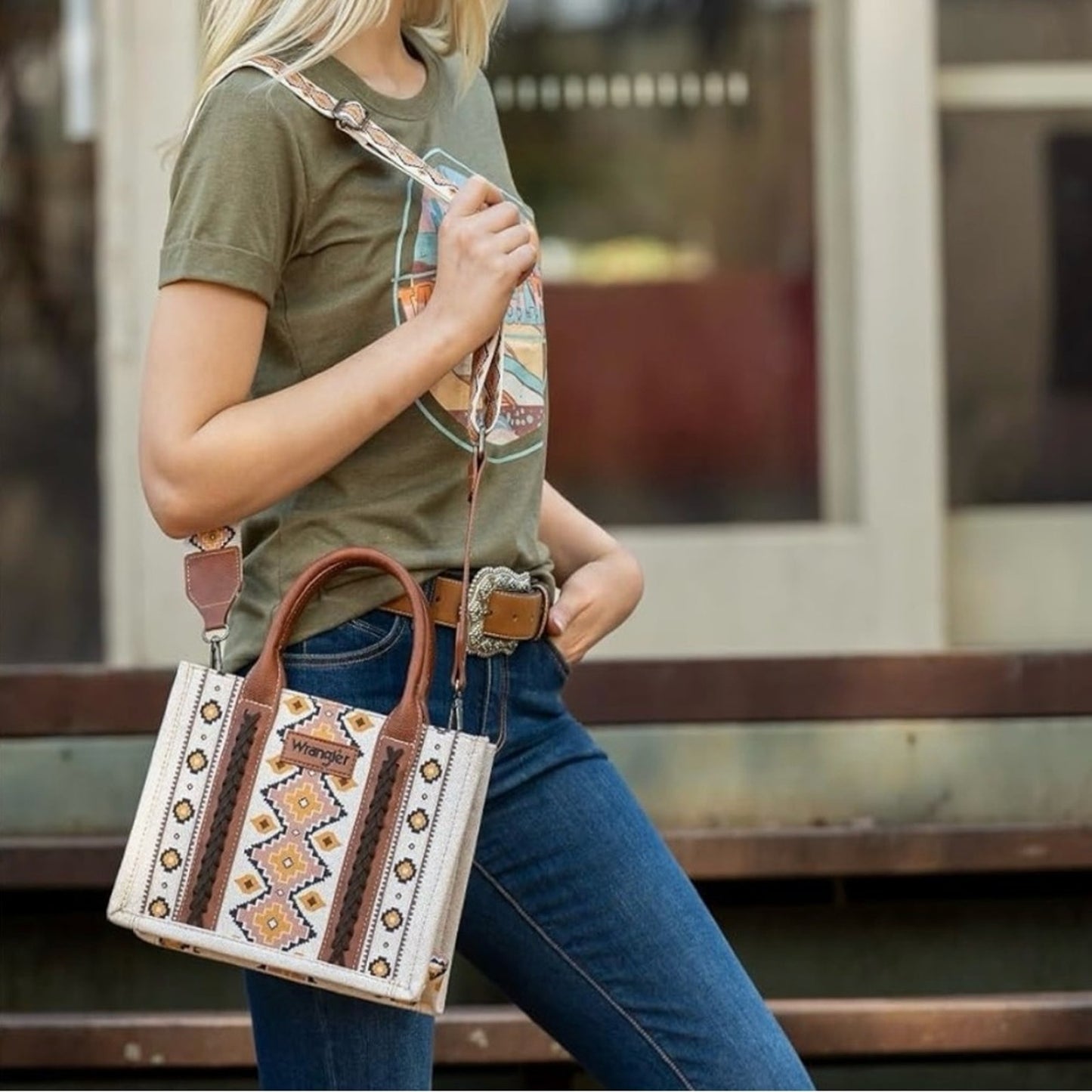 Wrangler Tote Bag Aztec Print Boho Brown Southwestern Faux Leather Zipper Pocket
