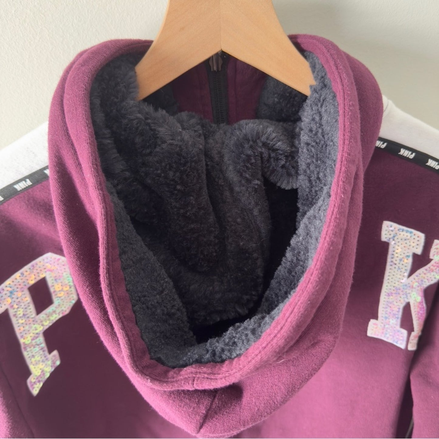 PINK Victoria's Secret Burgundy Full Zip Hoodie Sequin Dog Fleece Hood Jacket XS