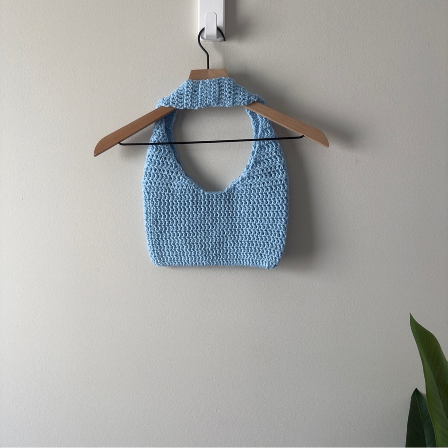 Handmade Crochet Y2K Light Blue Shoulder Bag Solid Knit Cute Lightweight