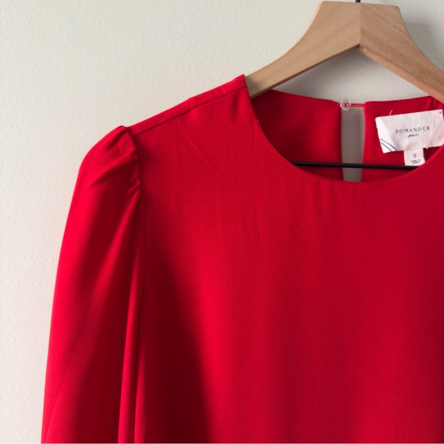 Pomander Place Carlota Peplum Blouse in Red Long Sleeve Top Ruched Flowy Keyhole