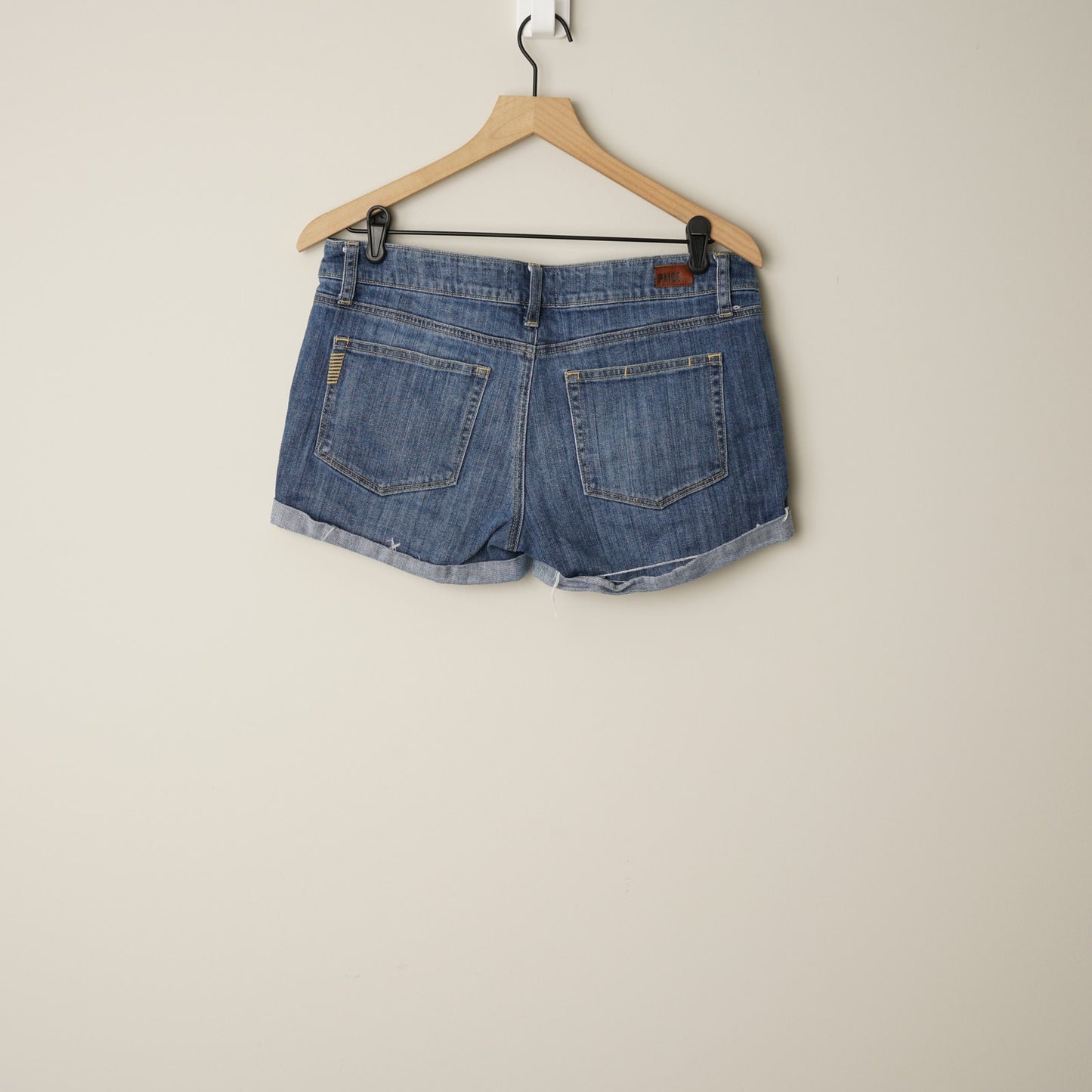 Paige Rolled Cuff Hem Distressed Jean Shorts Medium Wash Denim Cotton Stretch 29