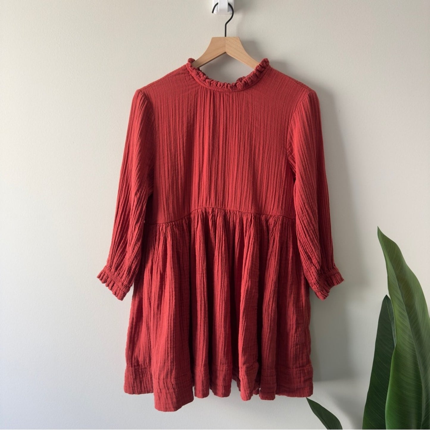 Free People 100% Cotton Terracotta Mini Dress gauze fabric keyhole tie ruffle S