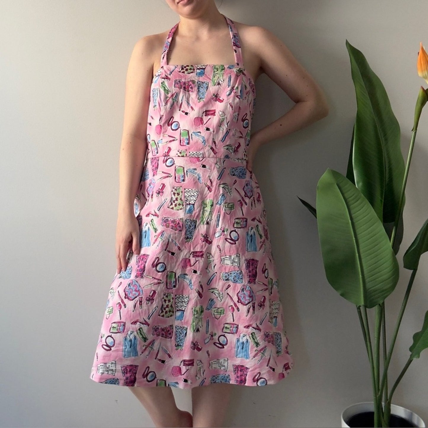 Vintage 90s–2000s Danny & Nicole Pink Patterned Halter Dress Girly Makeup Print