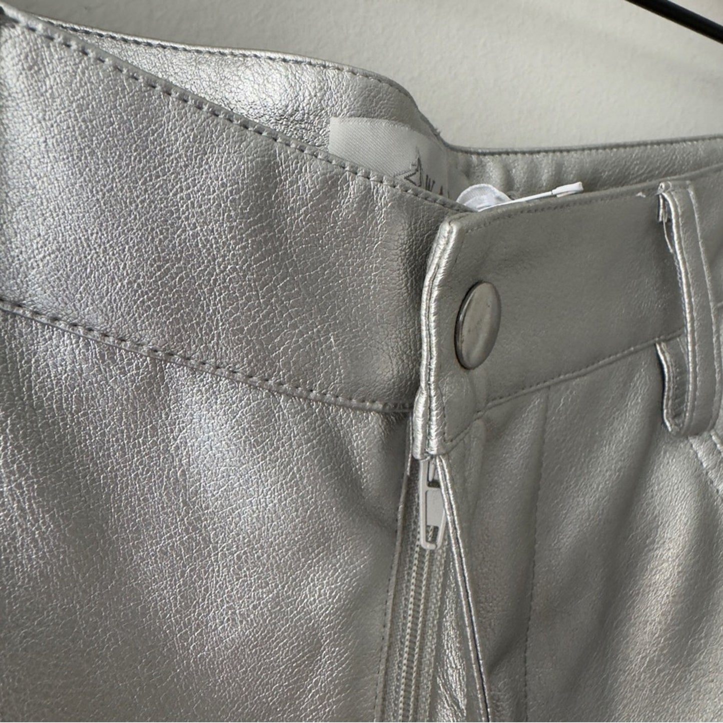 Wayf Silver Metallic Pants straight leg futuristic zip button pockets belt loops