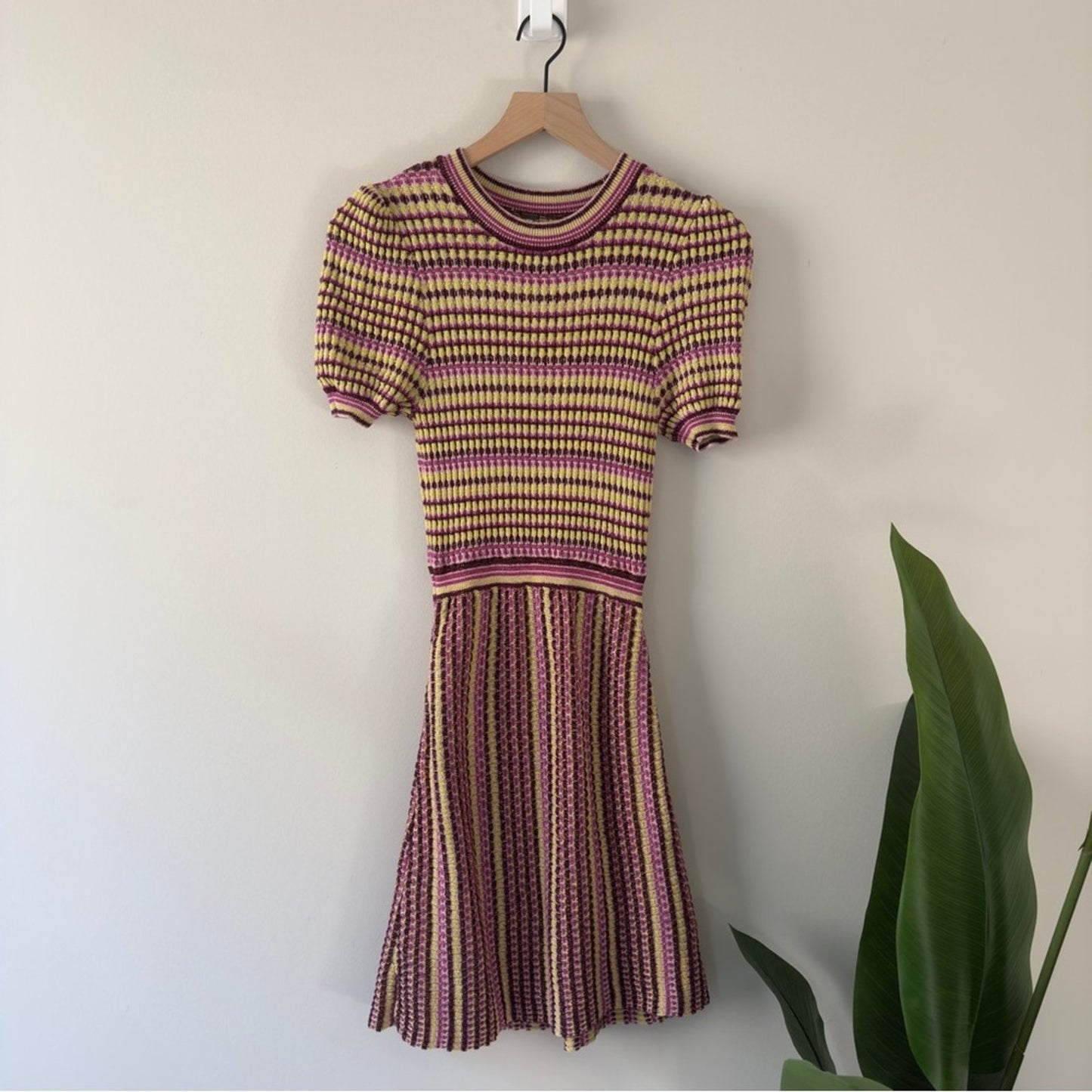 Free People metallic striped knit mini dress short sleeve high neck cotton EUC