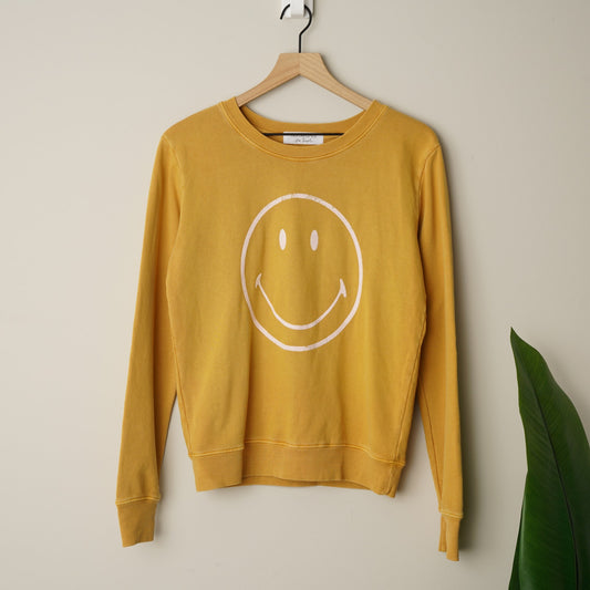 Daydreamer x Free People Sweet Talkin' Sweatshirt Top Gold Smiley Face Graphic S