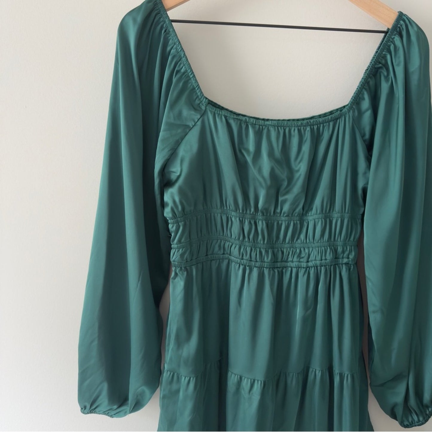 Altar’d State Emerald Green Long Sleeve Dress Tiered A-Lined Square Neck Ruched