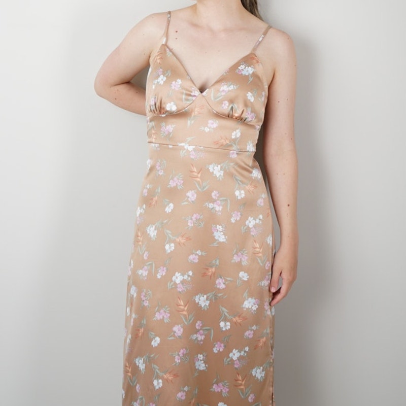 Pink Rose Floral Midi Dress Slit Side Open Tie Bow Back Spaghetti Strap Spring L