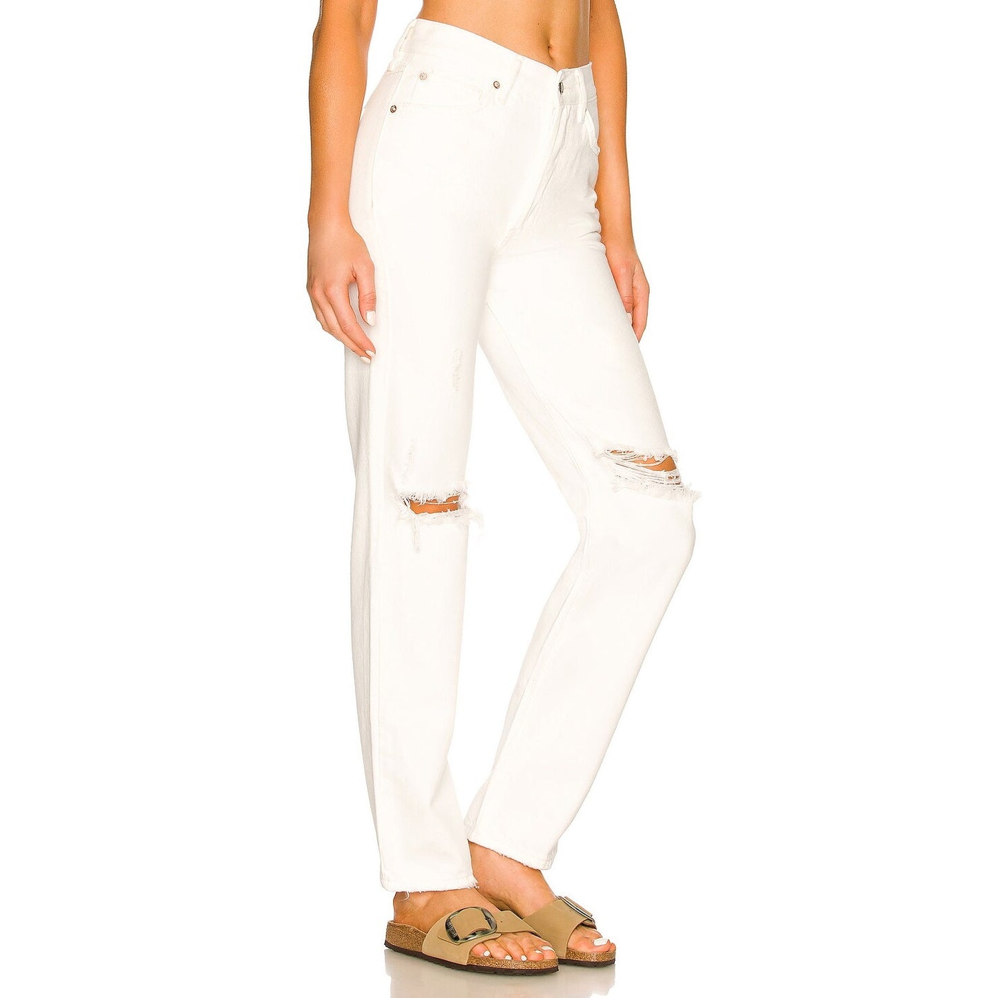 Free People We the Free Lasso Jean in White Lightning Button Fly Ripped Knee EUC
