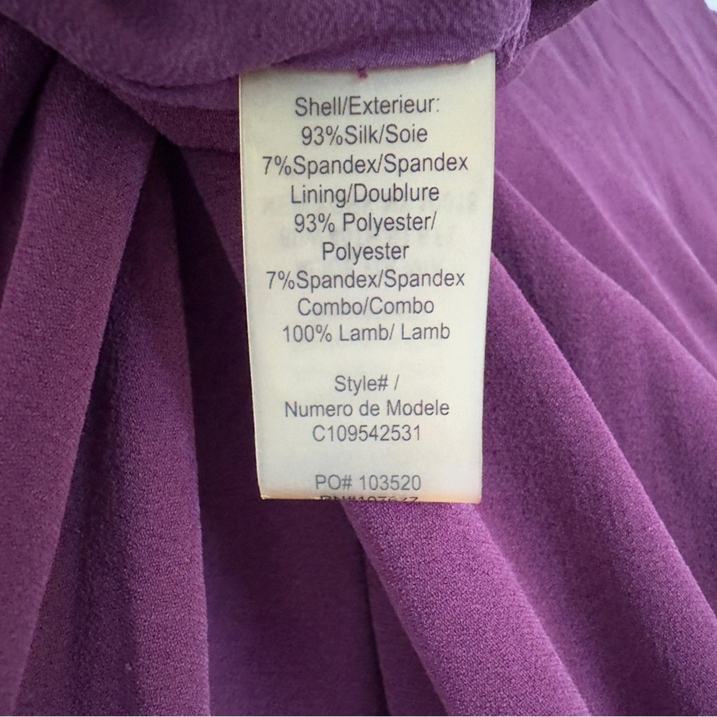 Alice + Olivia Silk Blend Mini Dress Purple Black Leather Roll Tab Short Sleeves