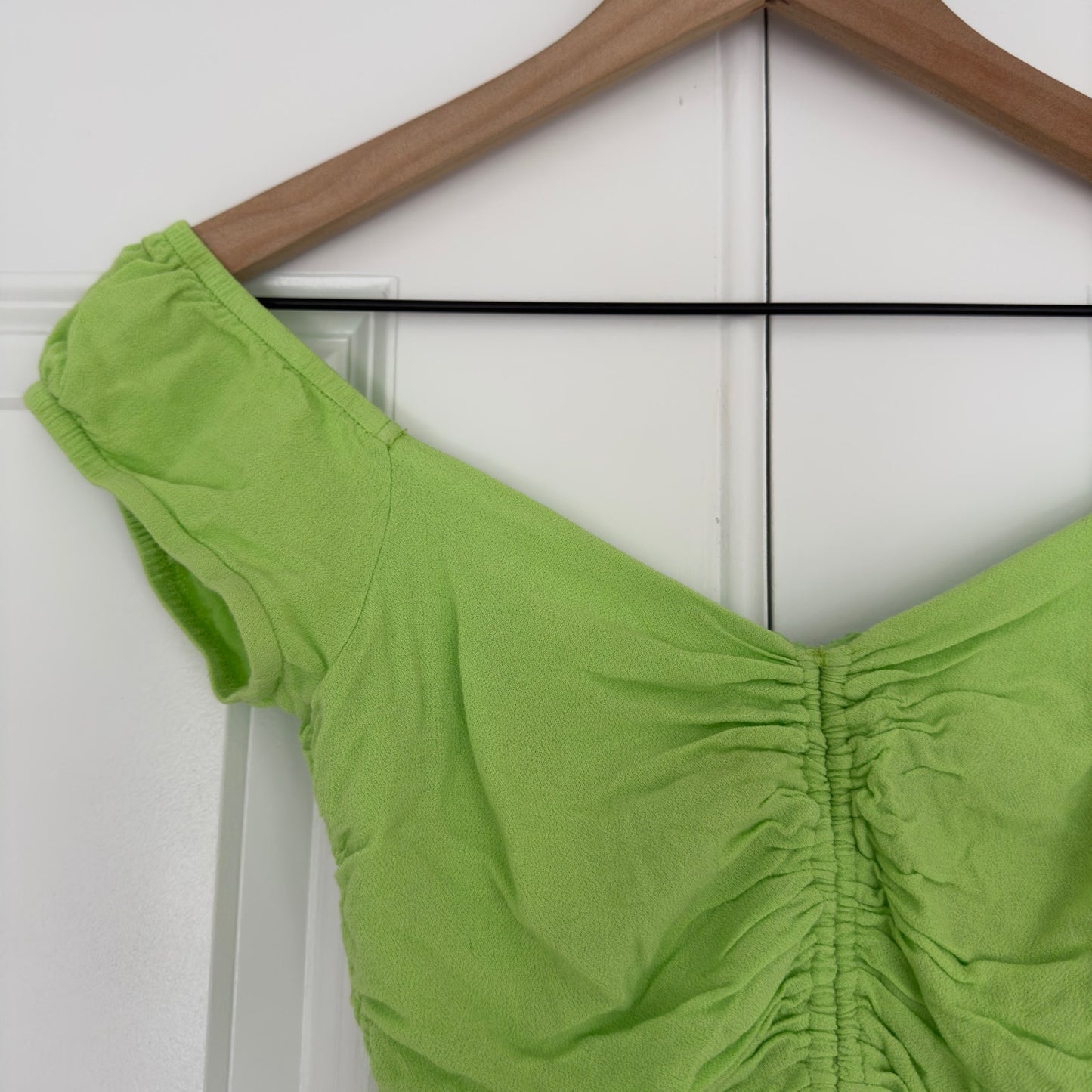 Princess Polly Darshan Top Lime cropped cinched ruched front cap sleeve v-neck 2