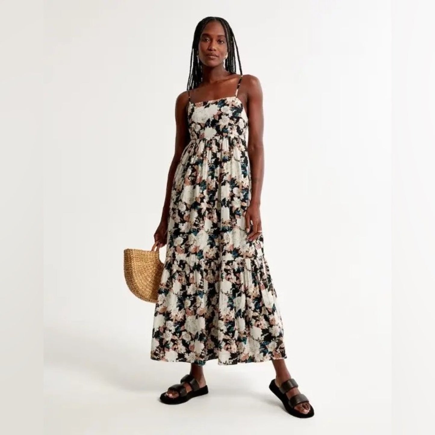 Abercrombie & Fitch 100% Cotton Tiered Floral Maxi Dress Adjustable Spaghetti S