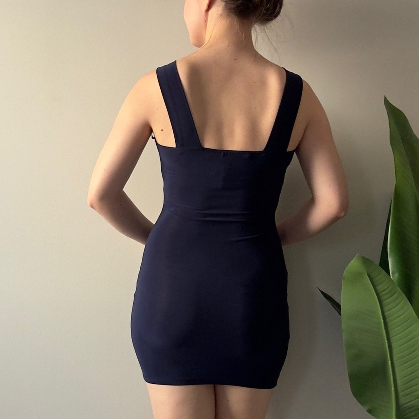 Vintage 2000s Papaya Navy Ruched Embellished Bodycon Mini Dress V-Neck Y2K Blue