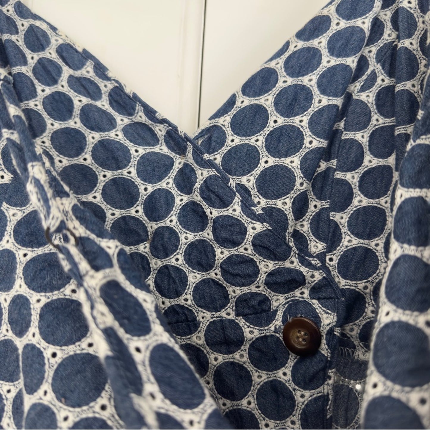 Waverly Grey Button Down Eyelet Circle Pattern Mini Dress Adjustable Spaghetti S