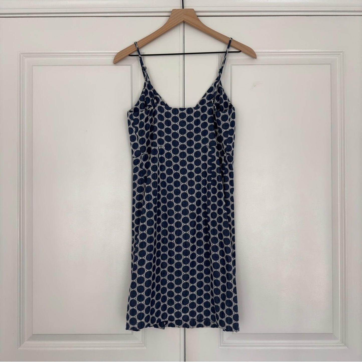 Waverly Grey Button Down Eyelet Circle Pattern Mini Dress Adjustable Spaghetti S