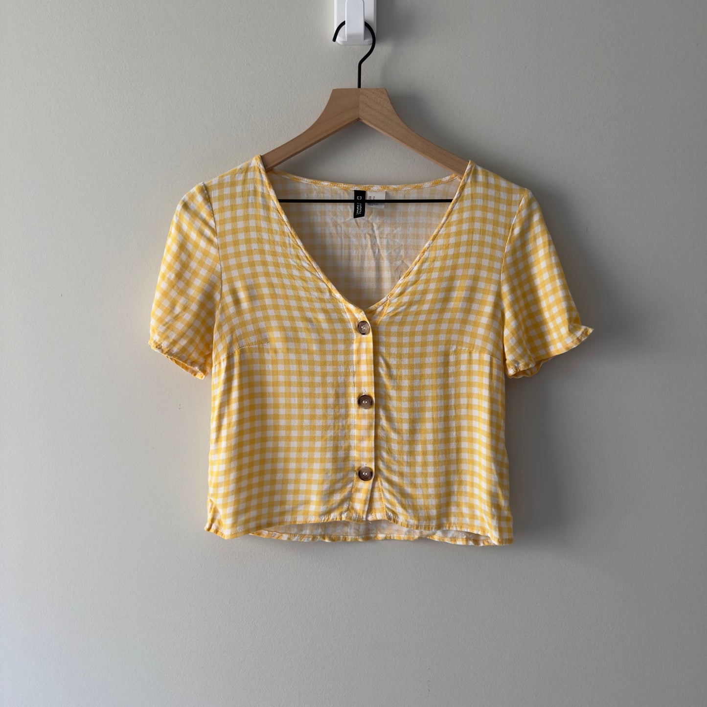 H&M Divided Yellow White Gingham Button Down Top Short Sleeve Cropped Summer EUC