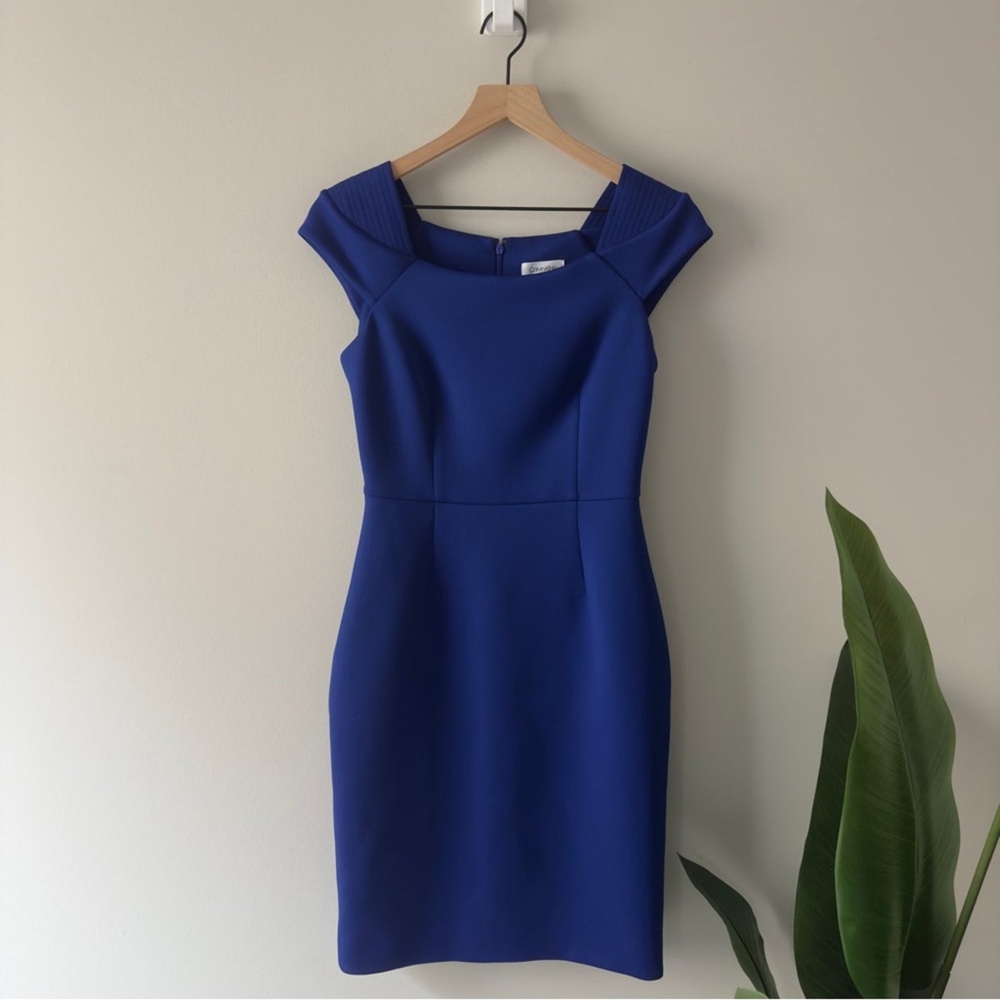 Calvin Klein Royal Blue Mini Pencil Dress Short Cap Sleeve Zip Up Solid Business