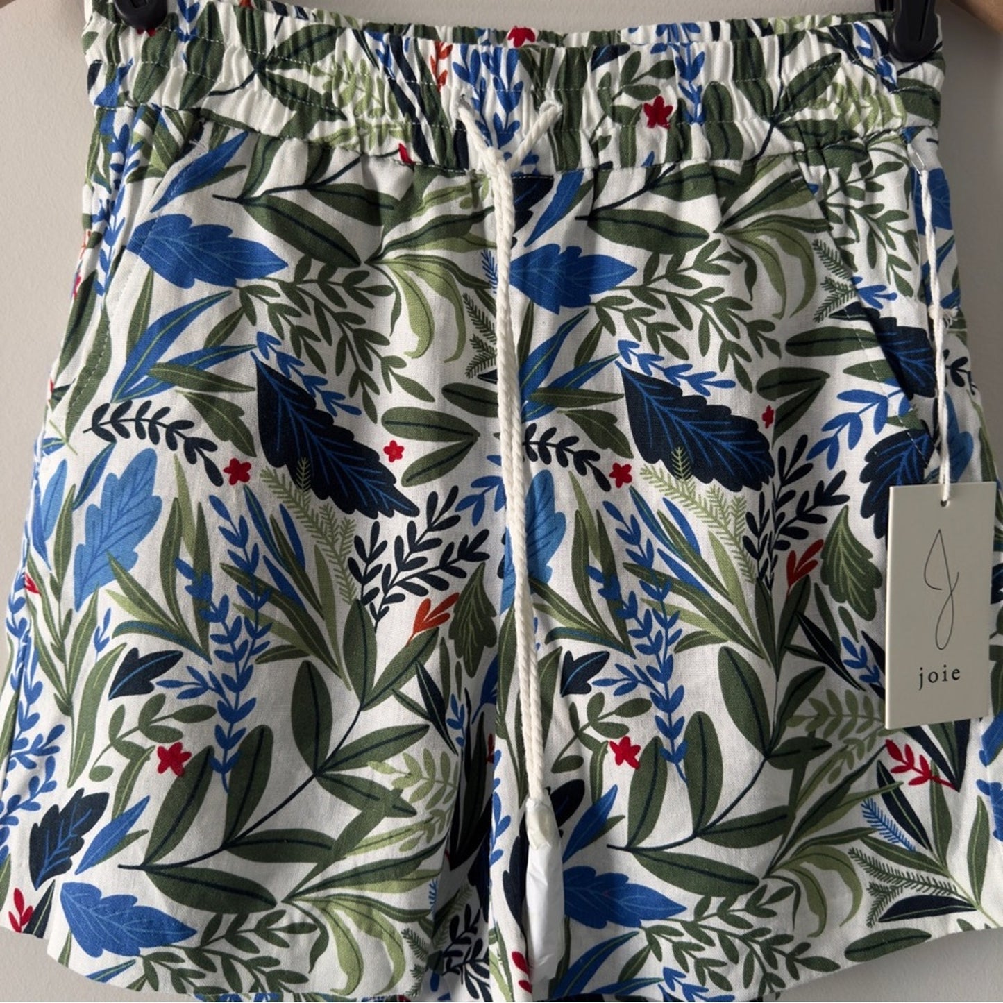 Joie Linen blend Green and Blue Leaf Print Women's Shorts rope tie drawstring 2