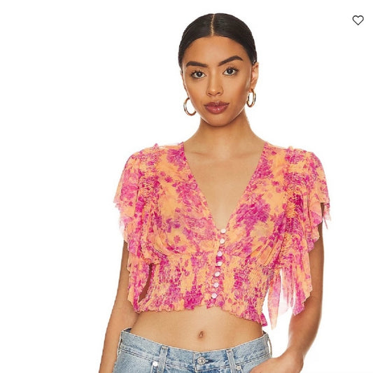Free People Sugar Top in Hot Tropics Floral Pink Orange Top Fairycore Button NWT