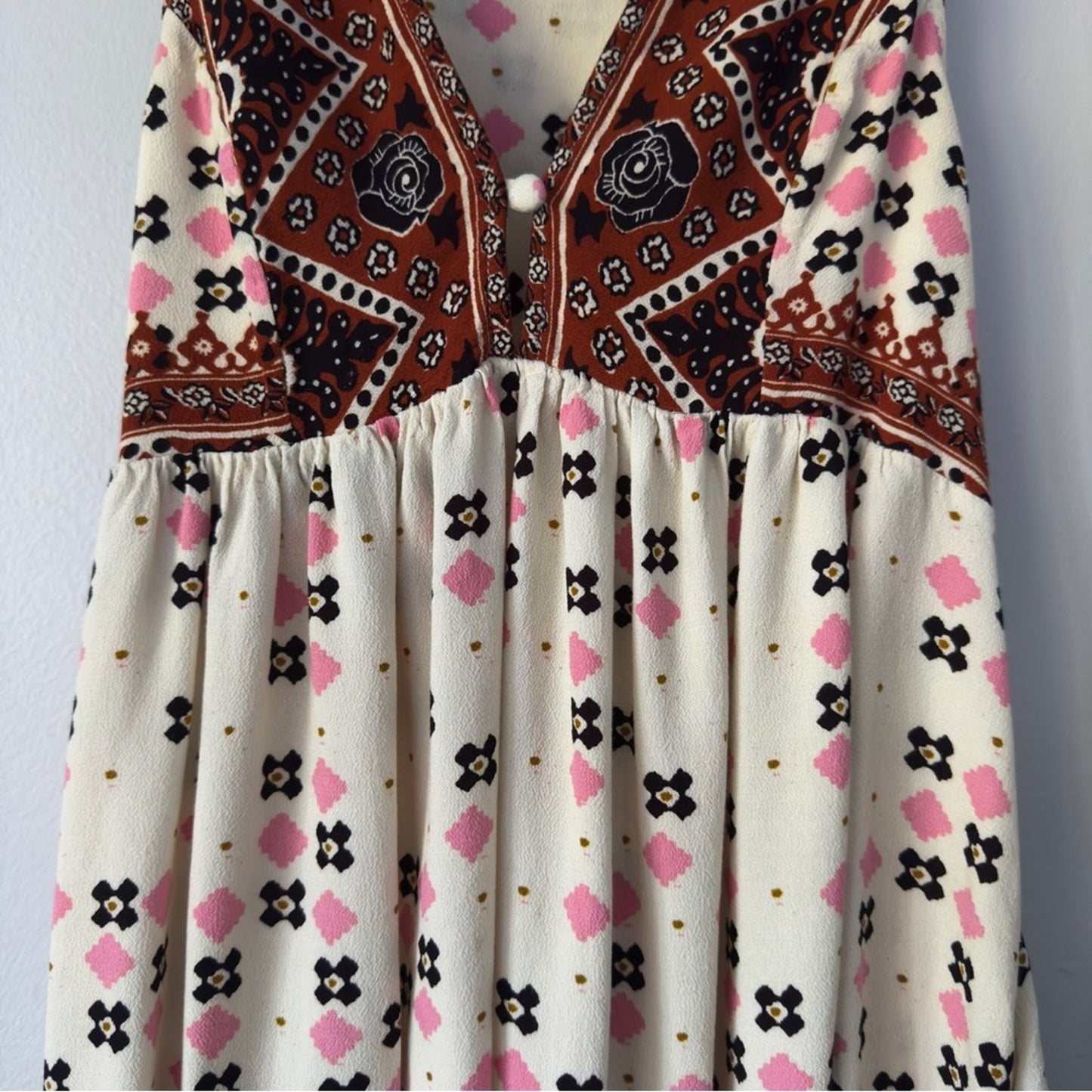 Free People Charlotte Tunic Top Tribal Print Boho Bohemian Collared Button Neck