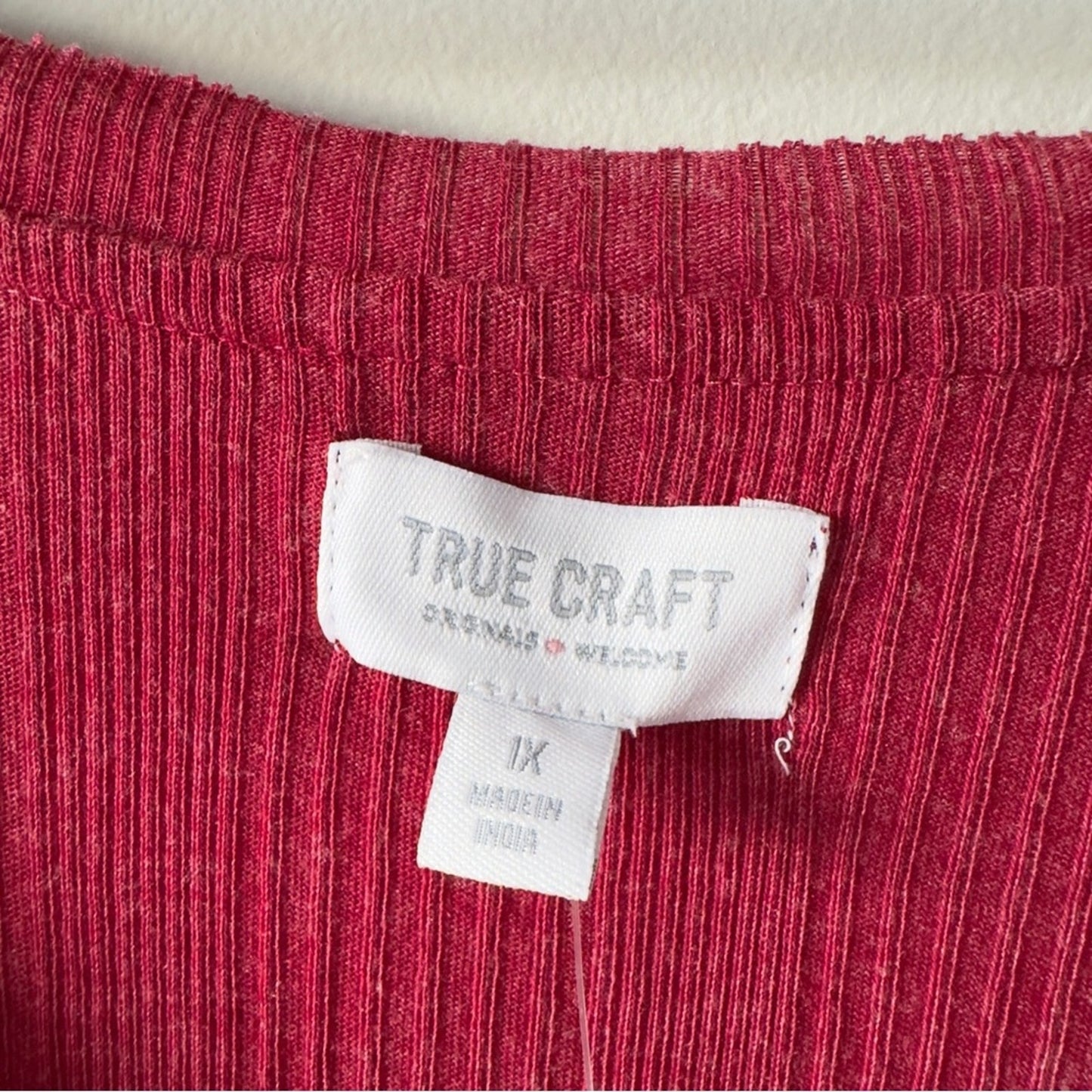 True Craft Red Babydoll Top Long Sleeve round neck cotton blend solid ribbed NWT