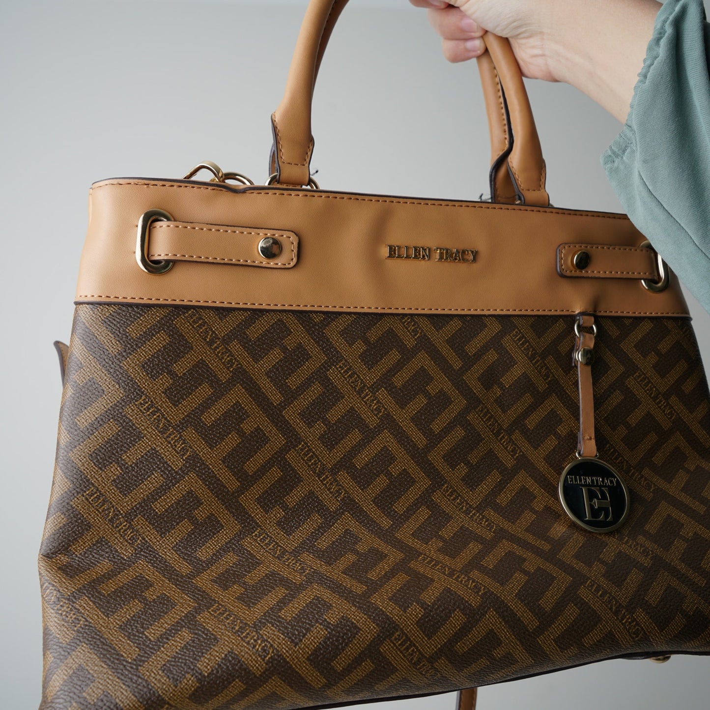 Ellen Tracy Logo Print Coated Canvas Satchel Handbag Detachable Adjustable Strap