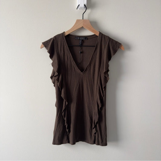 NWOT BCBGMaxAzria ribbed ruffle sides top cap sleeve olive brown v-neck lyocell