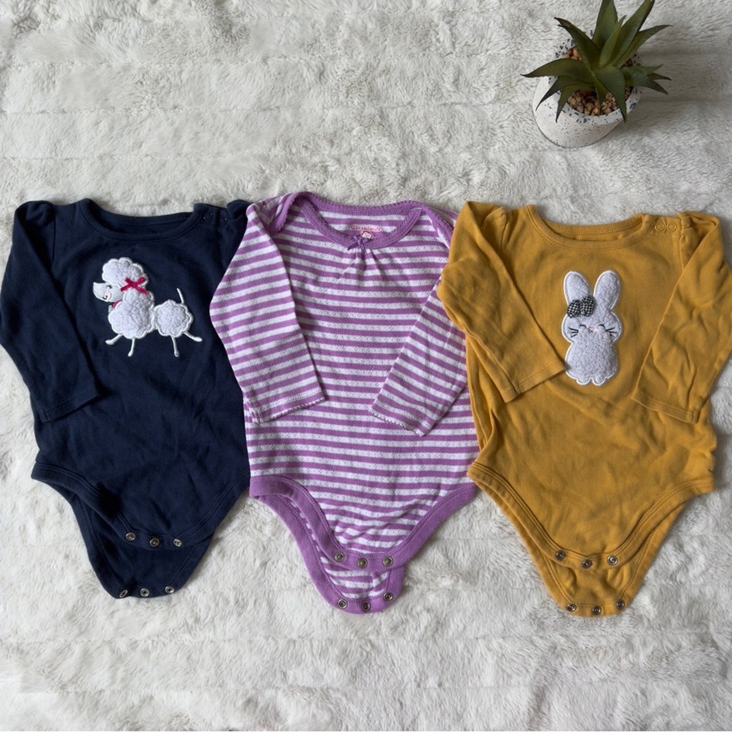 Garanimals Baby Onesies One Pieces lot Navy Poodle Purple striped Mustard bunny