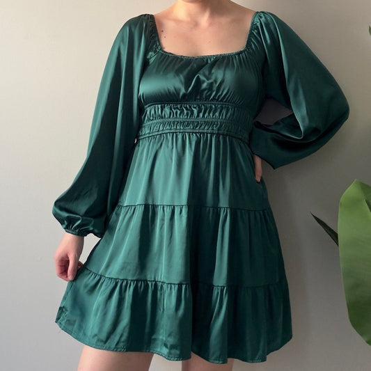 Altar’d State Emerald Green Long Sleeve Dress Tiered A-Lined Square Neck Ruched